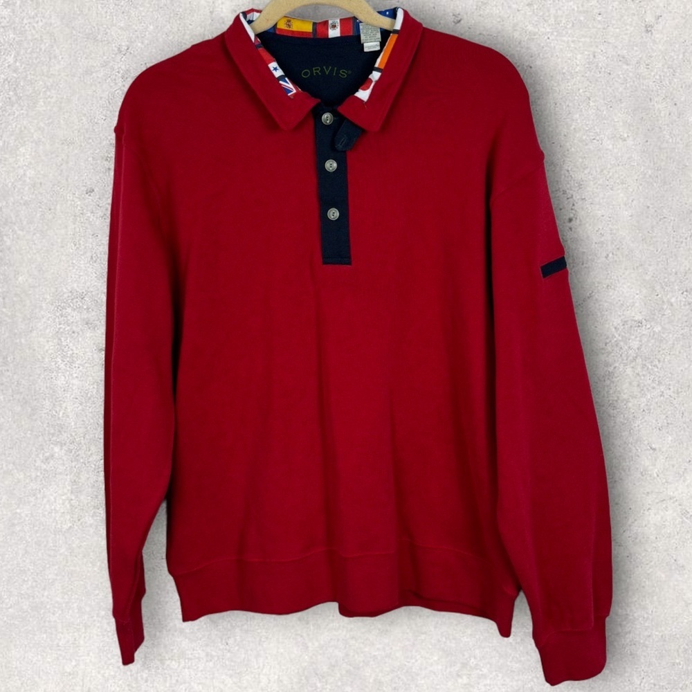Orvis Flag Collar Red Knit Pullover Collared Sweater‎ Size XL Elbow Patch Knit